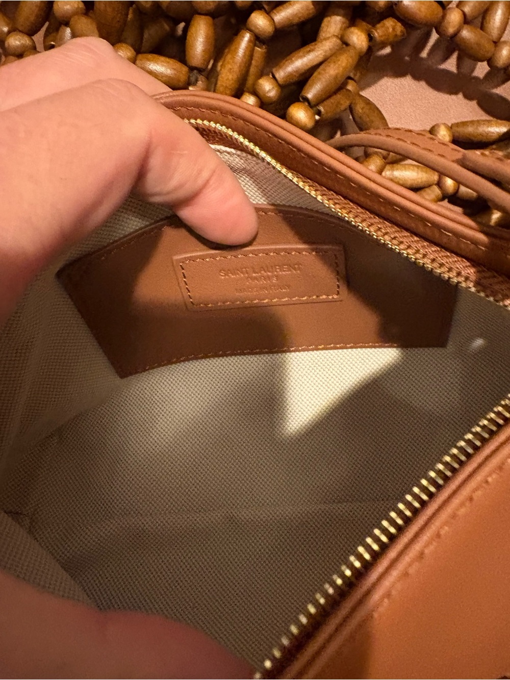 Saint Laurent Brown Woven Wood-Bead Icare medium yacht Tote with Gold YSL Italy - Picture 10 of 15